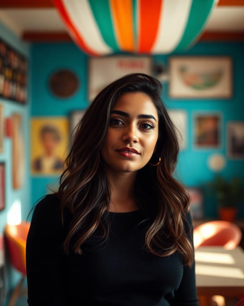 Camila Duarte, creator and host, in a colourful São Paulo studio