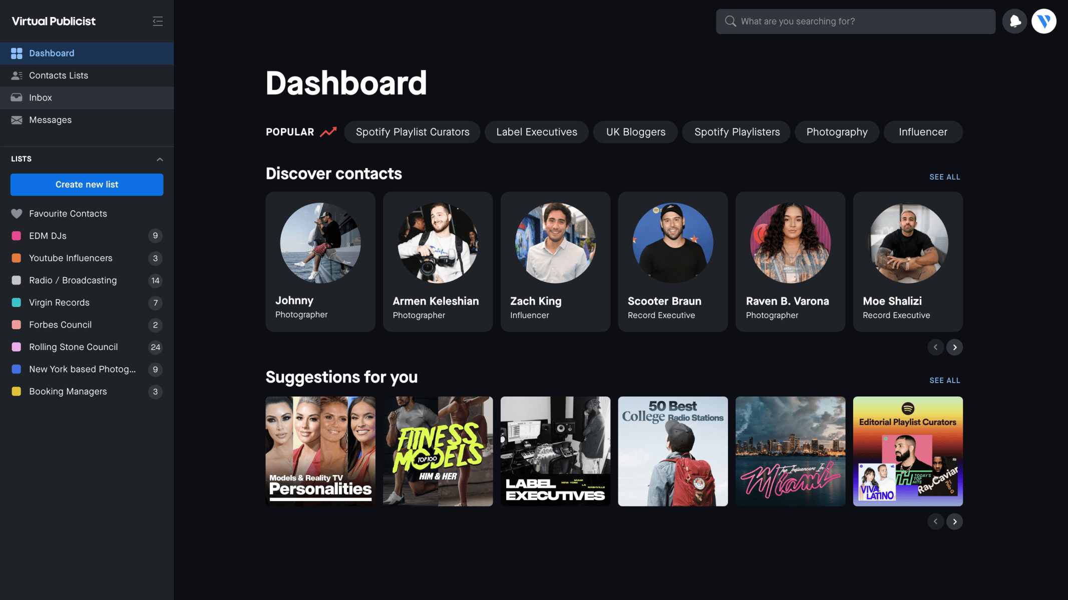 Inside Virtual Publicist Dashboard screenshot of Music Industries AI helping manage artist career